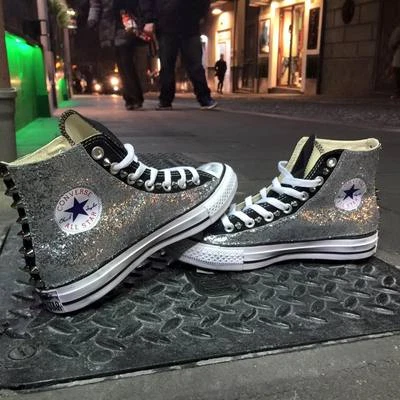 Converse all Star Nere personalizzate con tessuto Glitter argento effetto sporco - Immagine 1 di 3