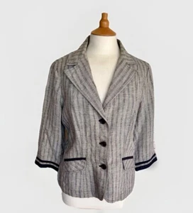 PER UNA @ M&S Navy & Grey Stripe & Trim Linen Summer Jacket Blazer Sz14 Pockets - Picture 1 of 3