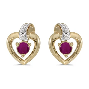 10k Yellow Gold Round Ruby And Diamond Heart Earrings - Picture 1 of 1