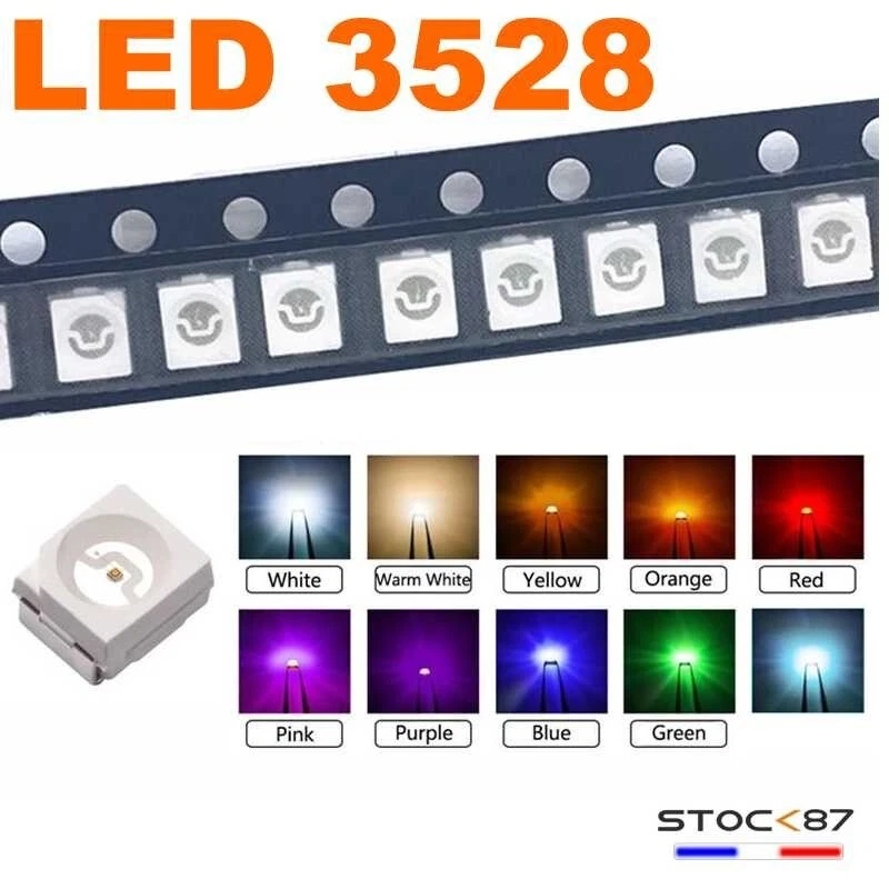 10 à 100 LED CMS 3528 au choix rouge , blanc , blanc chaud, vert, rose, bleu SMD - Immagine 1 di 1