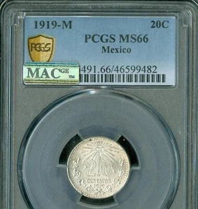 1919 MEXICO SILVER 20 CENTAVOS PCGS MS66 PQ 2ND FINEST MAC SPOTLESS 2 FINER* - Picture 1 of 2