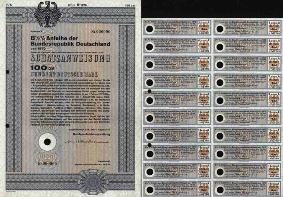 República Federal de Alemania RFA 1970 Bad Homburg 100 DM gestión de la deuda Adler Foto 1 de 1