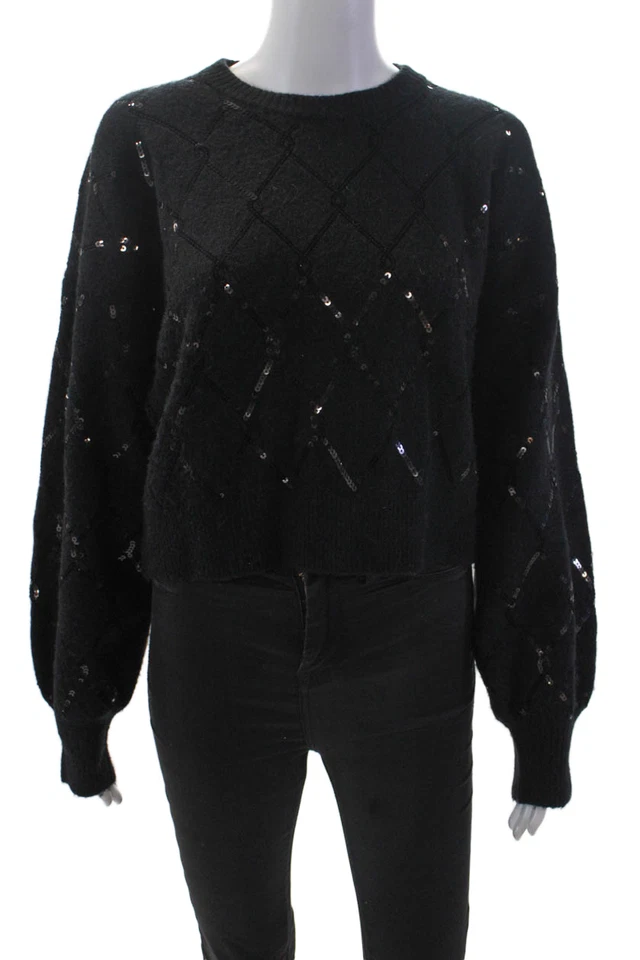 Splendid Womens Balloon Sleeve Sequin Embellished Sweater Black Size M - Image 1 of 4