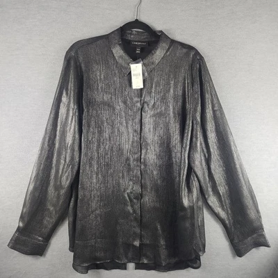 Camisa Lane Bryant Mujer 18/20 Negra Plateada Metálica Transparente Botón Frontal Blusa Foto 1 de 4