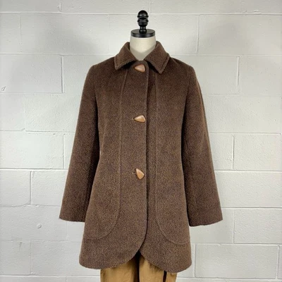 Vintage 80s Nicole Miller Brown Blue Car Coat Alpaca Angora Mohair Blend S 6 - Image 1 of 4