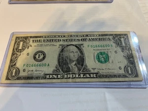 Trinary $1 2017A note with 5-6s in a row- F 01666600 A-Fancy-Unique-Collectable - Picture 1 of 2