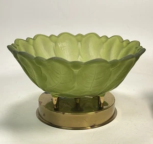 Vintage Green Frostwd Glass Leaf Candy Dish Footed With Brass Base - Picture 1 of 12