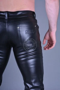 Large MR. RIEGILLIO 5-Pockets Leather Pants Tapered Fit Vegan Faux Leather All B - Picture 1 of 7