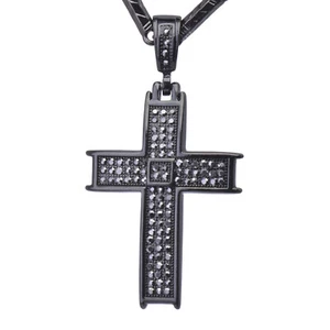 Juego de collar de cadena colgante de cruz enchapado en negro helado de 20" 24" 30" 36" para hombre HC 6006 - Imagen 1 de 7