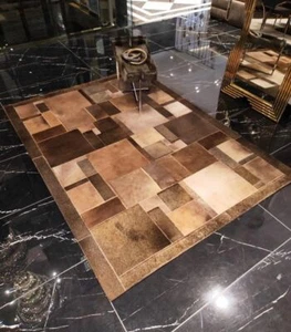 New Handmade Egyptian Leather Organic Hair Cowhide Rug Carpet Patchwork Area Rug - Picture 1 of 3