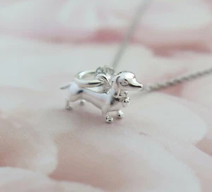 Solid 925 Sterling Silver Miniature Dachshund Pendant Necklace Christmas Gift - Picture 1 of 4