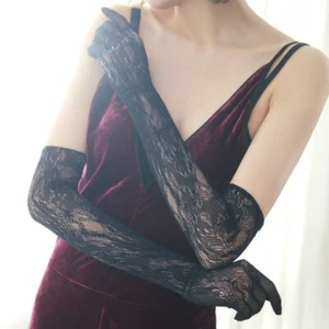 Womens Long Gloves Lace Evening Bridal Party Black White Wedding Vintage Lolita - Picture 1 of 12