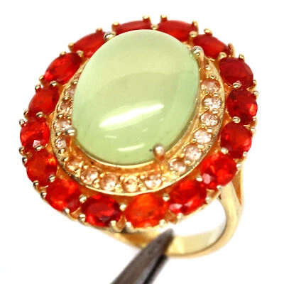Gmestone 11 X 15 mm. Green Prehnite, Zircon & Fire Opal Ring 925 Silver Sterling - Image 1 of 4