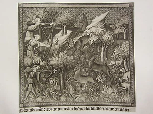 ANTIQUE HUNTING PRINT ~ SHOOTING DEER AT A DRIVE WITH LONG-BOWS & CROSS-BOWS - Picture 1 of 2