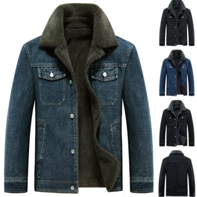 Hombres Sherpa Forrado de Vellón Grueso Denim Chaqueta Invierno Solapa Jean Camionero Abrigo Cálido Foto 1 de 4