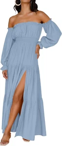 Women'S 2025 Boho Sexy off Shoulder Long Sleeve Smocked High Waist Side Split Fl - Picture 1 of 12