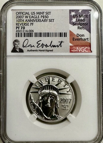1/2oz $50 Reverse Proof Platinum Eagle 2007 W NGC PF70 Aniv Set Everhart Signed Cover