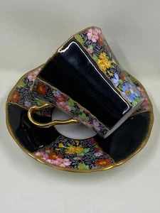 Vintage Adderley Bone China England Cup & Saucer Black Floral Chintz - Picture 1 of 12