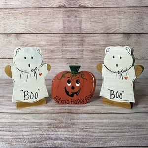 3 Halloween Wood Home Decor Ghost Bears Pumpkin Wooden Decorations 5.5" H Cute - Picture 1 of 5