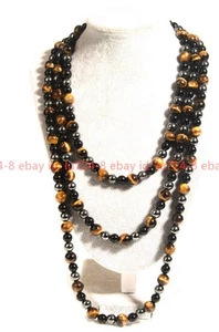 10 mm Gelb Tigerauge 8 mm Schwarz Achat Hämatit Edelsteine Rund Perlen Halskette 50 Zoll - Bild 1 von 12