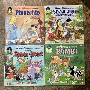 4 Disney Klassiker Vinyl & Geschichtenbücher Bambi, Schneewittchen, Pinocchio & Robin Hood - Bild 1 von 15