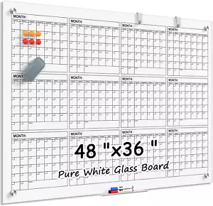 Yearly Glass White Board Calendar 48" X 36", Magnetic Glass Dry Erase Board for - Picture 1 of 12