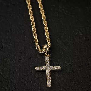 14K Gold Plated Iced Micro Mini Cross Pendant Hip Hop Rope Chain Necklace - Picture 1 of 4