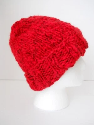 Hand Knitted Hat Beanie Red Black Warm Soft 100% Wool Adult Size - Image 1 of 4