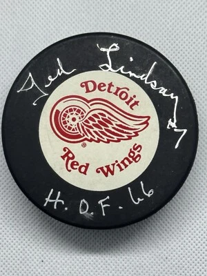 Хоккейная шайба с автографом Теда Линдсея No7 Detroit Red Wings HOF 66 Beckett сертификат подлинности BQ44095 - Изображение 1 из 4