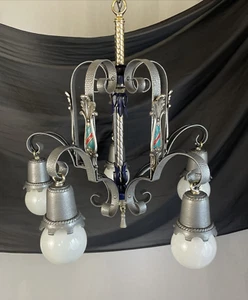 RESTORED Antique Vtg Arts Crafts Tudor Polychrome Chandelier Deco Gothic Mission - Picture 1 of 23
