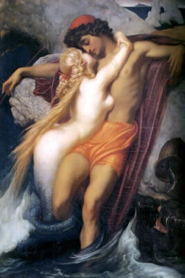  EL PESCADOR Y LA SIRENA DESNUDA SIRENA 1857 PINTURA FREDERIC LEIGHTON REPRO Foto 1 de 3
