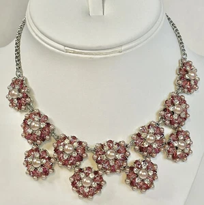 Necklace Pearls & Purple & Pink Rhinestones on Silver Toned Chain 19” New - Picture 1 of 9