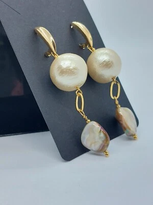 Ohrringe  Damen Cotton Pearls Weiße Beige Perlmutt Modenschmuck Handmade Unikat - Bild 1 von 4