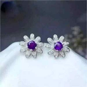 2Ct Round Lab-Created Amethyst Halo Stud Woman Earrings 14K White Gold Plated - Picture 1 of 4