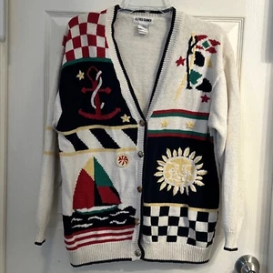 Vintage Alfred Dunner Nautical Star Colorful button front sweater cardigan L - Picture 1 of 8
