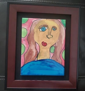 Abstract wall art tile framed  Blue Eyes Red Lips brown hair Lady PINK   - Picture 1 of 2