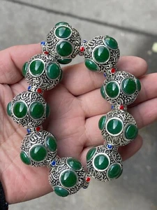 20mm Vintage Tibetan silver inlaid Chinese green jade bracelet, jade bracelet - Picture 1 of 2