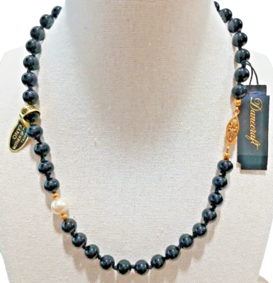 Collar De Ónix Negro Danecraft 16" 8mm Perlas De Madreperla Nudo A Mano Nuevo - Imagen 1 de 4