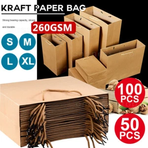 Kraft Paper Bags 50/100 x Bulk,Gift Shopping Carry Craft Brown Bag with Handles - Picture 1 of 19