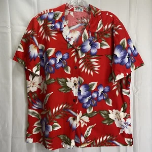 KY'S Womens Hawaiian Shirt Measures As 2XL Short Sleeve Button Up Red Floral USA - Picture 1 of 6