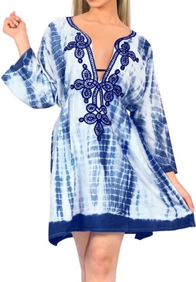 LA LEELA Women's Mini Beach Caftan Dress Cover Up for Swimwear US 8-14 Navy_M77 - Image 1 of 3