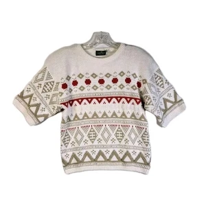 Cabin Creek Women's Short Sleeve Sweater Petite Small White Red Tan Holiday USA - Picture 1 of 7
