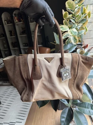 Bolso de Mano Prada Milano Doble Lona Marrón Gamuza Canapa Scamostiato con Certificado de Autenticidad Foto 1 de 4