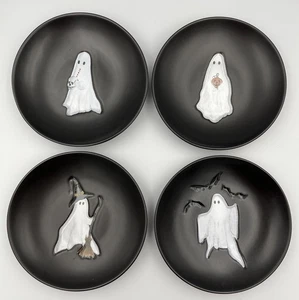 Pottery Barn Scary Squad Ghost Appetizer Plates Halloween NEW Set 4 Witch - Picture 1 of 5