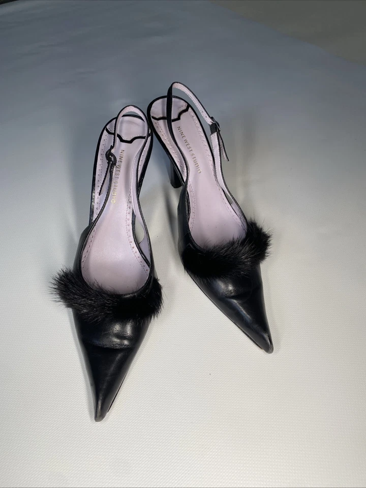 Nine West Womens 6.5 M Black Leather Sling Back Ultra High Heel Closed Toe Shoes - Image 1 of 4
