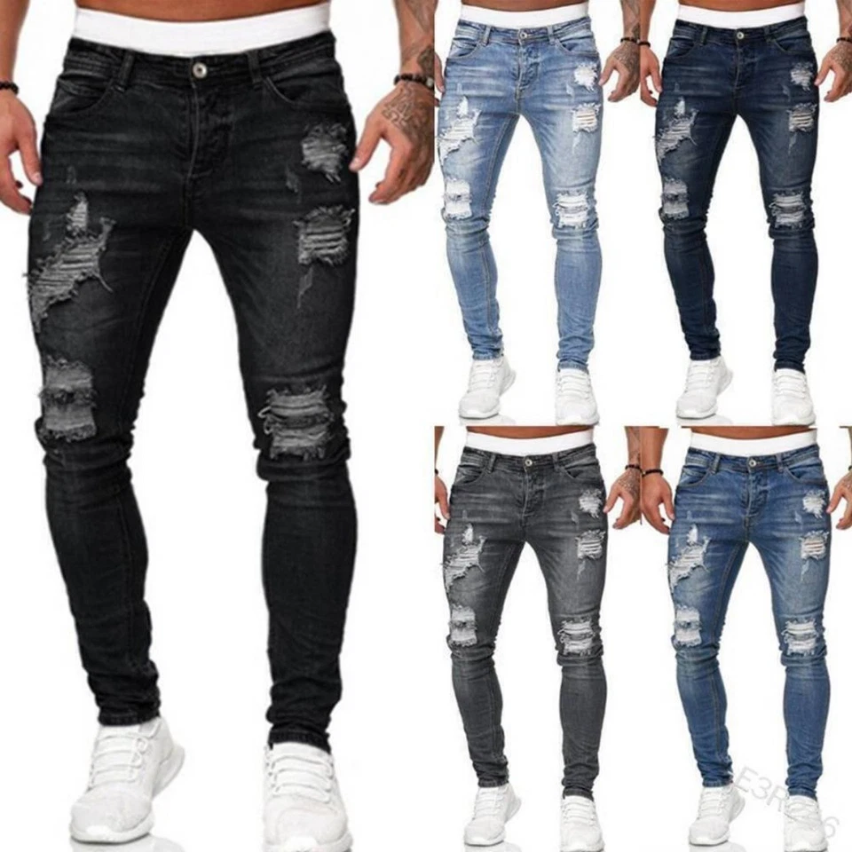 Mens Ripped Skinny Jeans Stretch Distressed Denim Pants Casual Slim Fit Trousers - image 1 of 4