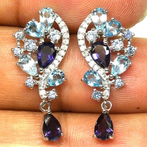 925 Plata Ley Azul Iolita, Topacio & Zorcon Pendientes Bañado en Oro Blanco - Imagen 1 de 4