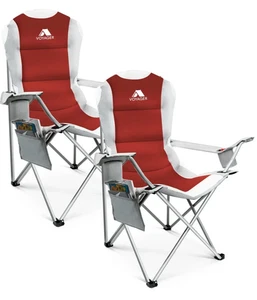 2 Pack Padded Camping Chairs RED/GREY - with Cup Holder and Side Pockets - Picture 1 of 7
