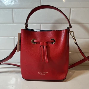 NWT Kate Spade Eva Red / Floral Refined Grain Leather Small Bucket Crossbody bag - Picture 1 of 14