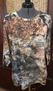 CJ Banks Women's Brown Earth Tones Rhinestone 3/4 Sleeve Top Size X (14W) - Picture 1 of 2